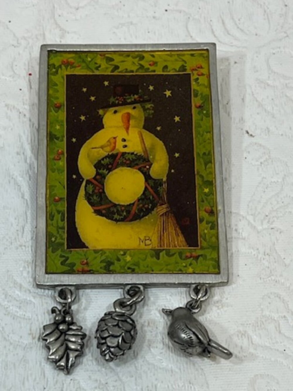 VTG Marjolein Bastin Holiday Snowman Brooch Pin Charms Leaf Pine Cone Bird 3"